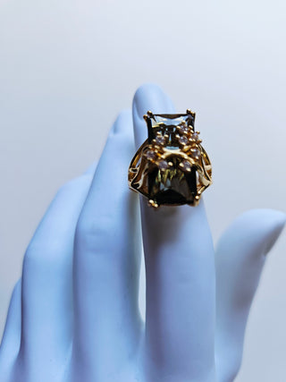 Vintage Style Olive Green Cocktail Ring – Large Emerald Cut Crystal Statement Ring Size N 7