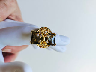 Vintage Style Olive Green Cocktail Ring – Large Emerald Cut Crystal Statement Ring Size N 7