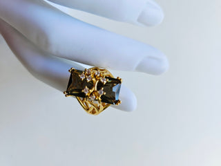 Vintage Style Olive Green Cocktail Ring – Large Emerald Cut Crystal Statement Ring Size N 7