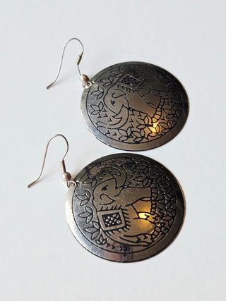 Authentic Thai Hill Tribe Silver Elephant Earrings – Handmade Etched Disc Dangles