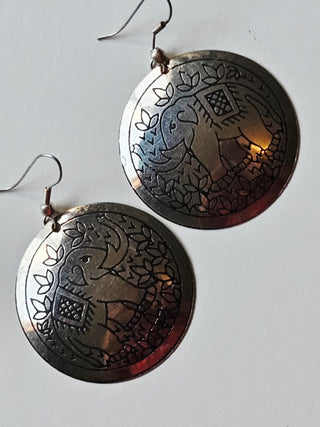 Authentic Thai Hill Tribe Silver Elephant Earrings – Handmade Etched Disc Dangles
