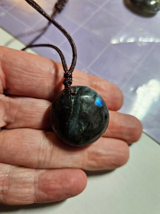 Labradorite Polished Gemstone Pendant Brown Cord Beautiful iredescence