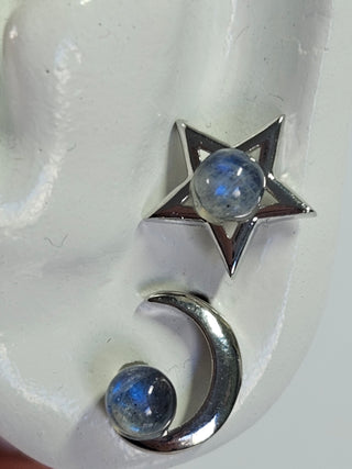 Solid Labradorite Stud Moon Star Earrings Australian Genuine Gems Silver