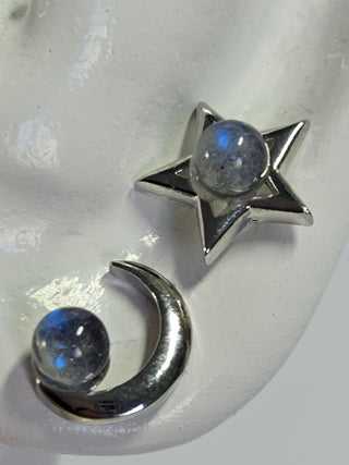 Solid Labradorite Stud Moon Star Earrings Australian Genuine Gems Silver