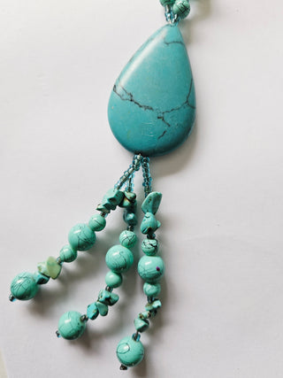 Vintage Turquoise Resin Beaded Tassel Necklace Long Boho Statement Piece