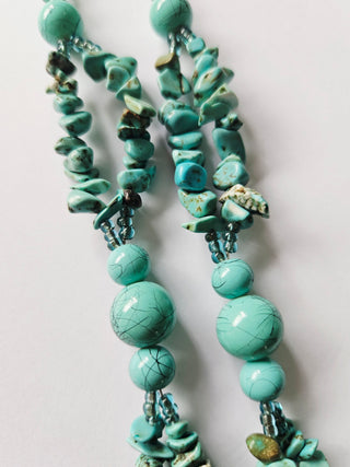 Vintage Turquoise Resin Beaded Tassel Necklace Long Boho Statement Piece