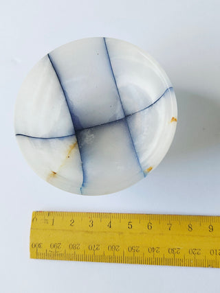 Translucent Onyx Chalcedony Crystal Bowl Carved Patchwork Blue Banded 70mm