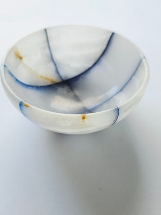 Translucent Onyx Chalcedony Crystal Bowl Carved Patchwork Blue Banded 70mm