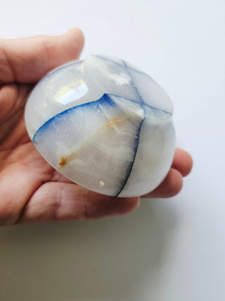 Translucent Onyx Chalcedony Crystal Bowl Carved Patchwork Blue Banded 70mm