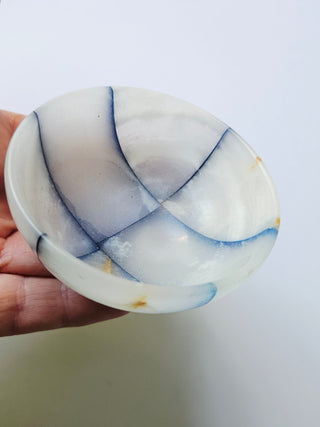 Translucent Onyx Chalcedony Crystal Bowl Carved Patchwork Blue Banded 70mm