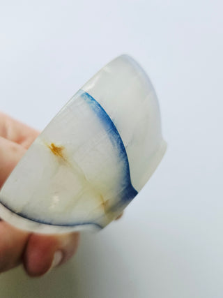 Translucent Onyx Chalcedony Crystal Bowl Carved Patchwork Blue Banded 70mm