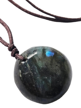 Labradorite Polished Gemstone Pendant Brown Cord Beautiful iredescence