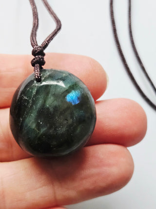Labradorite Polished Gemstone Pendant Brown Cord Beautiful iredescence