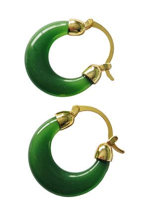 Vintage Style Vibrant Deep Green Hoop Earrings – Donut C-Hoop Lever Back Statement Gold