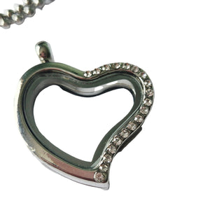 Silver Heart Floating Memory Locket Pendant with Crystal Cubic Zirconias Fillable