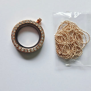 Rose Gold Round Floating Memory Locket Pendant with Crystal Cubic Zirconias Fillable