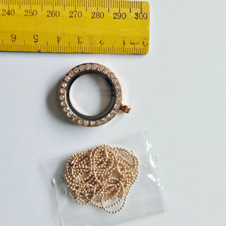 Rose Gold Round Floating Memory Locket Pendant with Crystal Cubic Zirconias Fillable