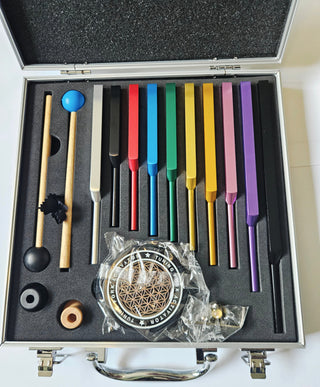 SOLFEGGIO TUNING FORK SET Coloured Sound Healing Therapy Kit 10 Forks Mallets Activator & Case