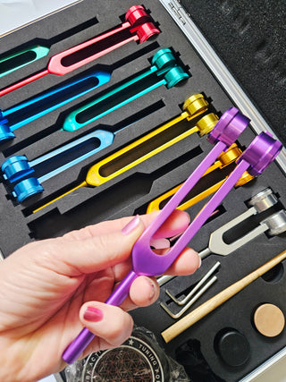 PLANETARY TUNING FORK SET Weighted Cosmic Octave Sound Therapy 10 Forks Crystals Mallet & Case