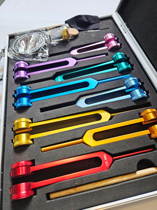 PLANETARY TUNING FORK SET Weighted Cosmic Octave Sound Therapy 8 Forks Crystals Mallet & Case