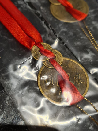 Feng Shui 3 Chinese Coins Red Ribbon Wealth Prosperity Good Luck Cure