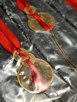 Feng Shui 3 Chinese Coins Red Ribbon Wealth Prosperity Good Luck Cure