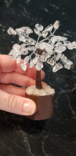 Clear Quartz Crystal Flower Gemstone Tree Handmade Wooden Base Feng Shui Healing