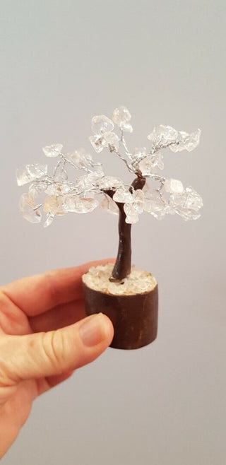 Clear Quartz Crystal Flower Gemstone Tree Handmade Wooden Base Feng Shui Healing