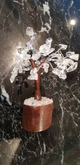 Clear Quartz Crystal Flower Gemstone Tree Handmade Wooden Base Feng Shui Healing
