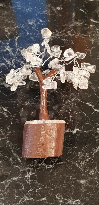 Clear Quartz Crystal Flower Gemstone Tree Handmade Wooden Base Feng Shui Healing