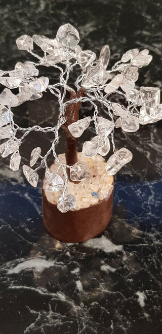Clear Quartz Crystal Flower Gemstone Tree Handmade Wooden Base Feng Shui Healing