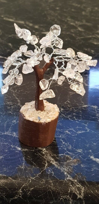 Clear Quartz Crystal Flower Gemstone Tree Handmade Wooden Base Feng Shui Healing
