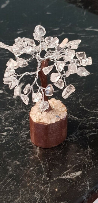 Clear Quartz Crystal Flower Gemstone Tree Handmade Wooden Base Feng Shui Healing