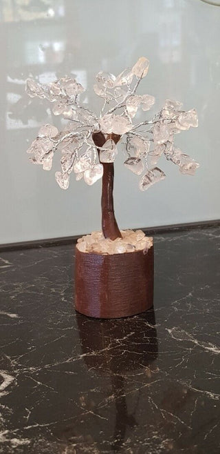 Clear Quartz Crystal Flower Gemstone Tree Handmade Wooden Base Feng Shui Healing