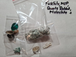 Gem Collectors Package: Fuchsite Quartz Rabbit Malachite Mother of Pearl Bird G2