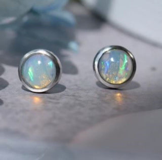 Solid Opal Stud Round Earrings Bevelled Australian Genuine Gems Silver RRP$160