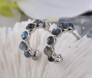 Solid Labradorite Stud Curve Earrings Australian Genuine Gems Silver RRP$160