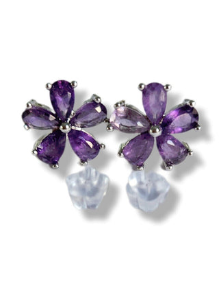 Solid Amethyst Stud Flower Earrings Australian Genuine Gems Silver RRP$90