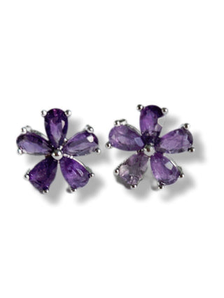 Solid Amethyst Stud Flower Earrings Australian Genuine Gems Silver RRP$90