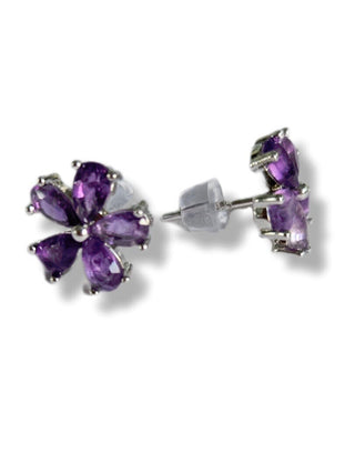 Solid Amethyst Stud Flower Earrings Australian Genuine Gems Silver RRP$90