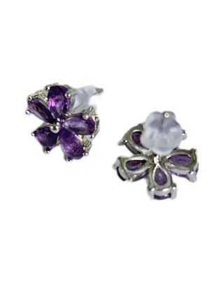 Solid Amethyst Stud Flower Earrings Australian Genuine Gems Silver RRP$90