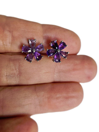 Solid Amethyst Stud Flower Earrings Australian Genuine Gems Silver RRP$90