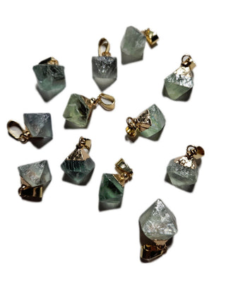 Genuine Green Fluorite Octahedron Pendant Gold Electroformed Natural Gem