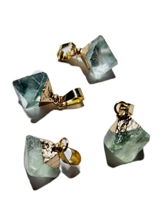 Genuine Green Fluorite Octahedron Pendant Gold Electroformed Natural Gem