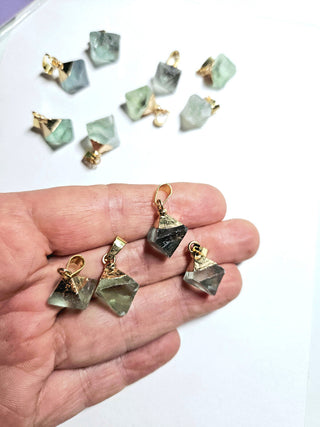 Genuine Green Fluorite Octahedron Pendant Gold Electroformed Natural Gem