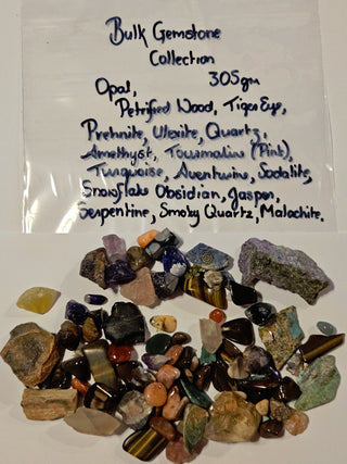 Gem Collectors Package: Opal Prehnite Ulexite Malachite Tourmaline + 305gms G3