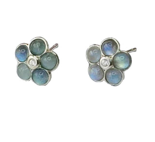Solid Labradorite Stud Daisy Earrings Australian Genuine Gems Silver + CZ
