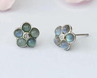 Solid Labradorite Stud Daisy Earrings Australian Genuine Gems Silver + CZ