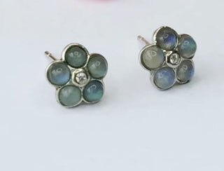 Solid Labradorite Stud Daisy Earrings Australian Genuine Gems Silver + CZ