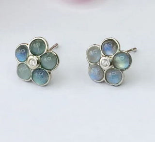 Solid Labradorite Stud Daisy Earrings Australian Genuine Gems Silver + CZ